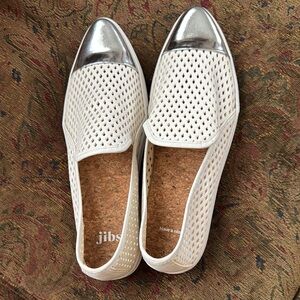 White and Silver Perforated Slip-On Loafers
